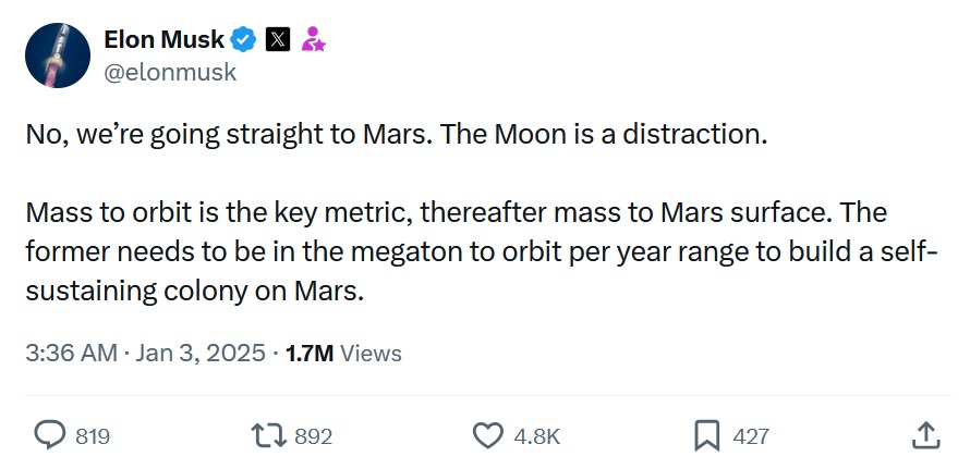 No, we’re going straight to Mars. The Moon is a distraction.

Mass to orbit is the key metric, thereafter mass to Mars surface. The former needs to be in the megaton to orbit per year range to build a self-sustaining colony on Mars.