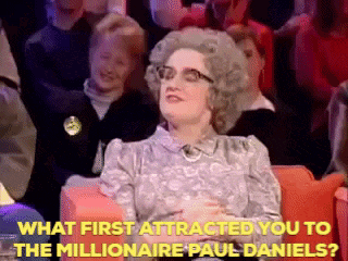 Caroline Aherne as Mrs Merton asking Debbie McGee what first attracted her to the millionaire Paul Daniels