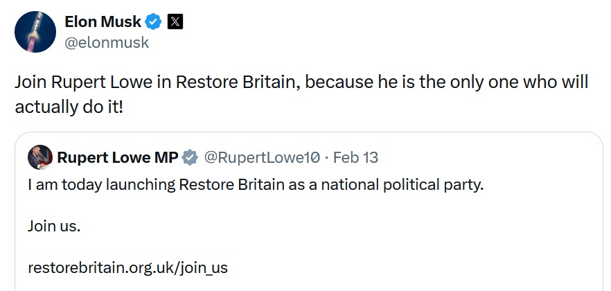 @elonmusk
Join Rupert Lowe in Restore Britain, because he is the only one who will actually do it!