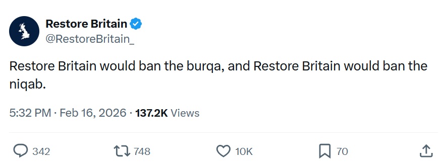Restore Britain would ban the burqa, and Restore Britain would ban the niqab.