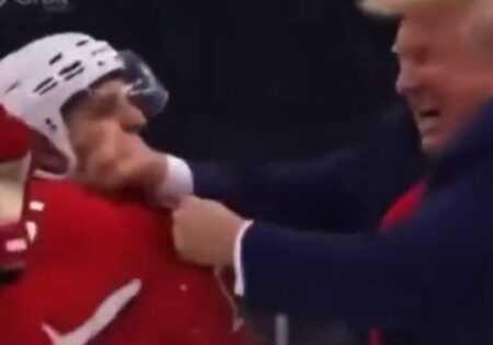 Donald Trump punching a Canadian ice hockey player in an AI video.