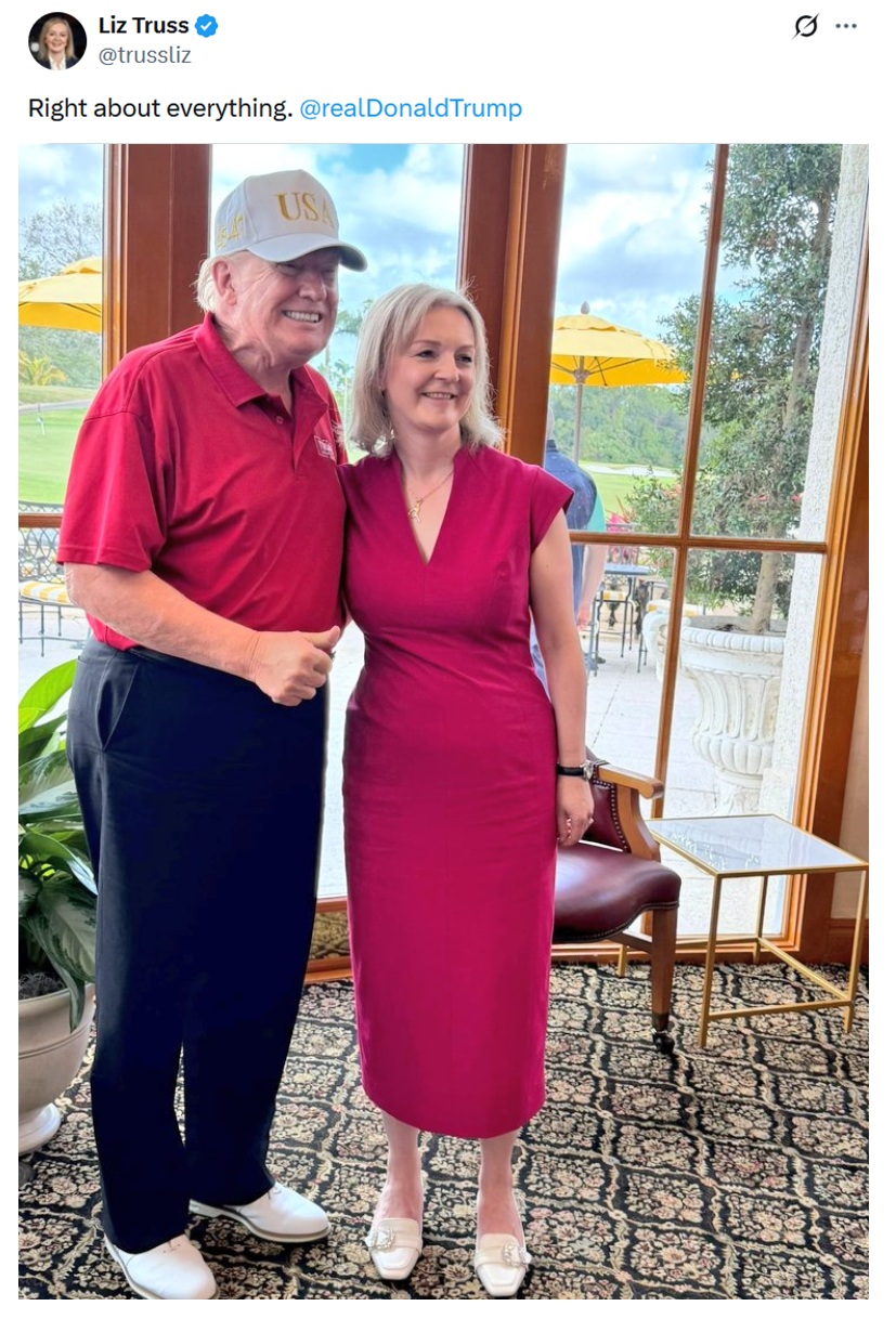 @trussliz
Right about everything. @realDonaldTrump

With an image of Trump wearing a fuschia polo shirt, standing with Liz Truss who is wearing a fuschia dress. He is doing a thumbs up and they're both grinning