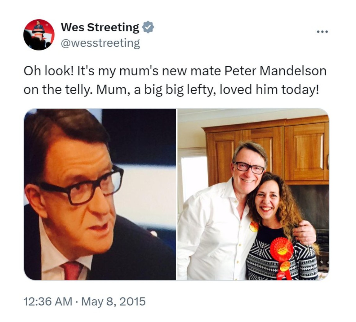 Oh look! It's my mum's new mate Peter Mandelson on the telly. Mum, a big big lefty, loved him today!

With a photo of Peter Mandelson on TV, and another showing him hugging Wes Streeting's mum in a kitchen