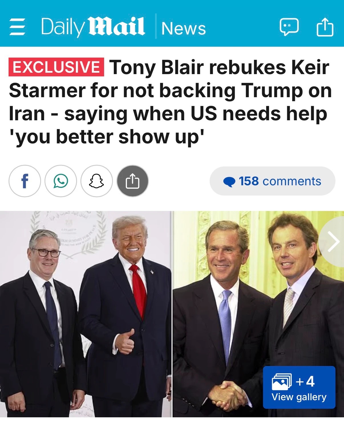 Mail article.
EXCLUSIVE Tony Blair rebukes Keir Starmer for not backing Trump on Iran - saying when US needs help 'you better show up'