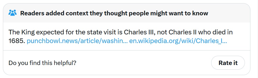 The King expected for the state visit is Charles III, not Charles II who died in 1685