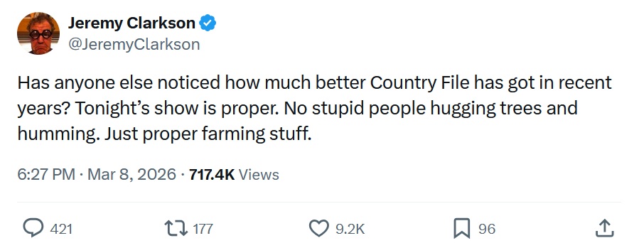 Has anyone else noticed how much better Country File has got in recent years? Tonight’s show is proper. No stupid people hugging trees and humming. Just proper farming stuff.