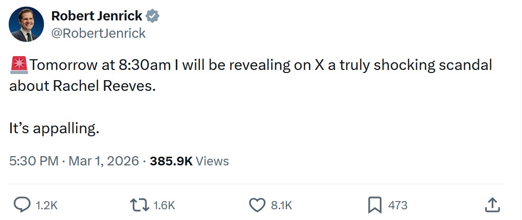 Tomorrow at 8:30am I will be revealing on X a truly shocking scandal about Rachel Reeves.
It’s appalling.
