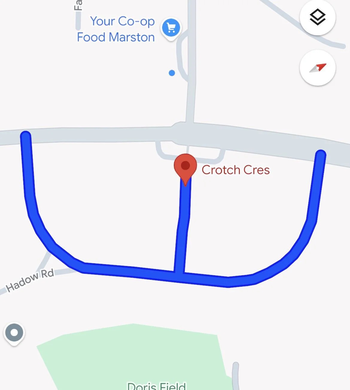Street map of Crotch Crescent which looks like a sketch of a camel toe