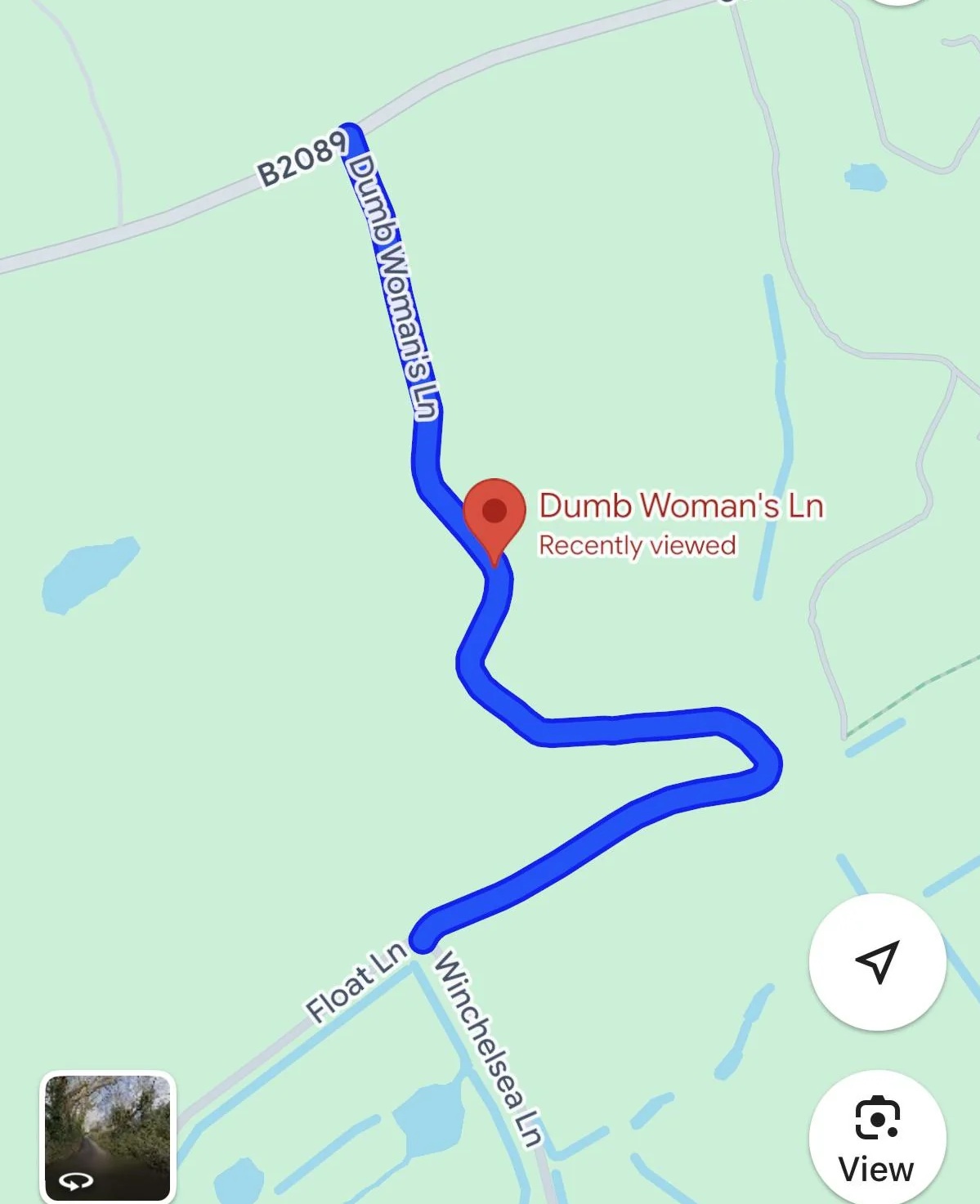 A map showing Dumb Woman's Lane
