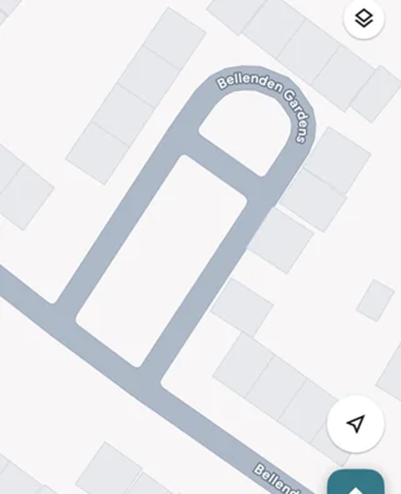 a street map showing Bellenden Gardens, which looks like a cartoon drawing of a penis
