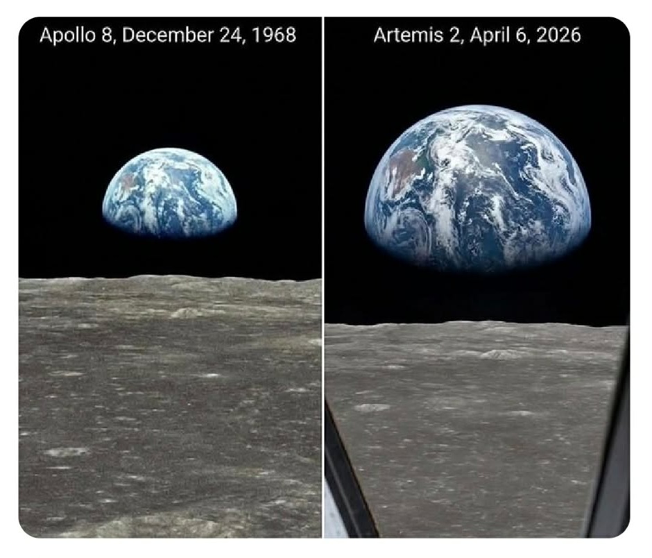 The famous 1969 Earthrise image shot from Apollo 11, labelled Apollo 8, December 24 1968 on the left, and zoomed in a little more on the right, with the label Artemis II, April 6 2026