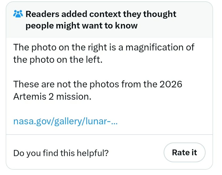 The photo on the right is a magnification of the photo on the left.
These are not the photos from the 2026 Artemis 2 mission.