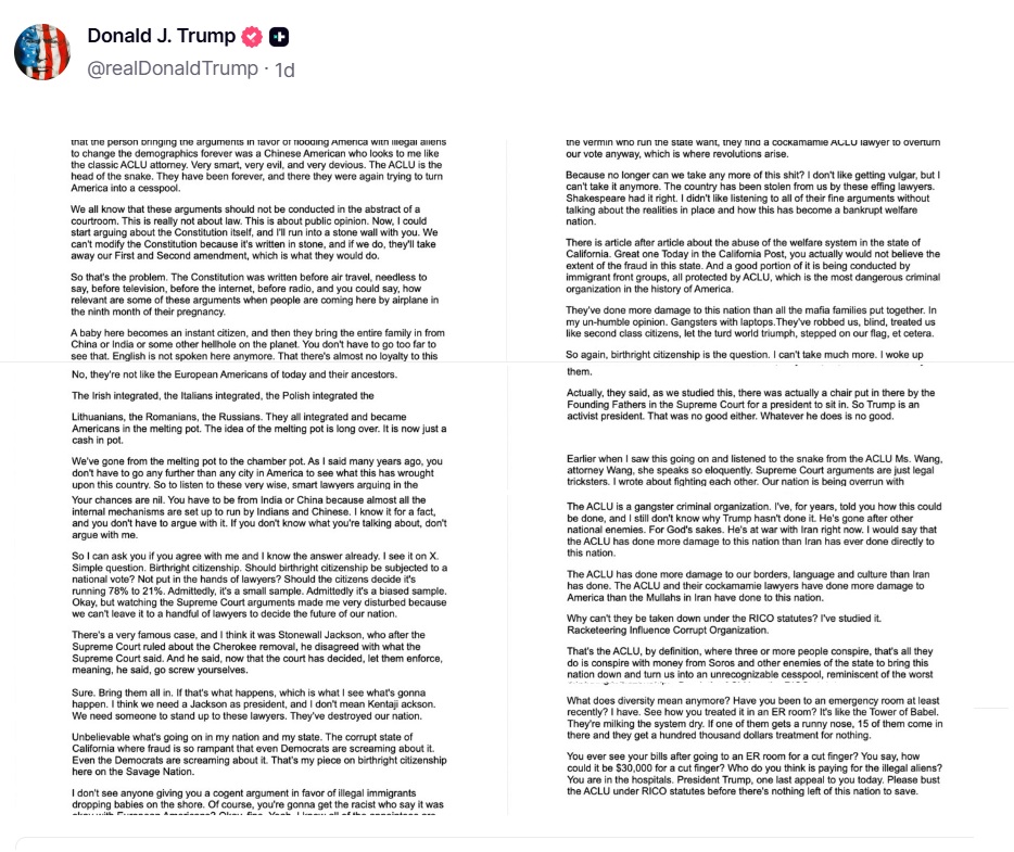 A very long double-columned image with Trump's Truth Social name at the top