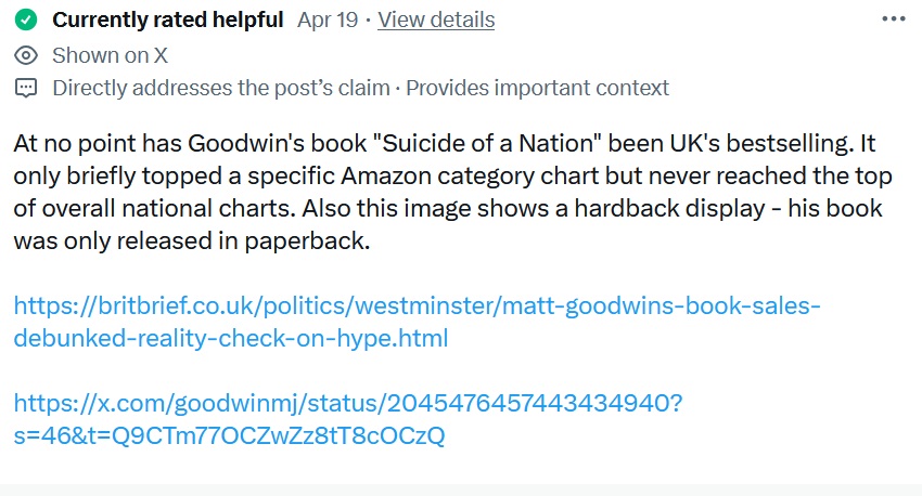 At no point has Goodwin's book "Suicide of a Nation" been UK's bestselling. It only briefly topped a specific Amazon category chart but never reached the top of overall national charts. Also this image shows a hardback display - his book was only released in paperback.