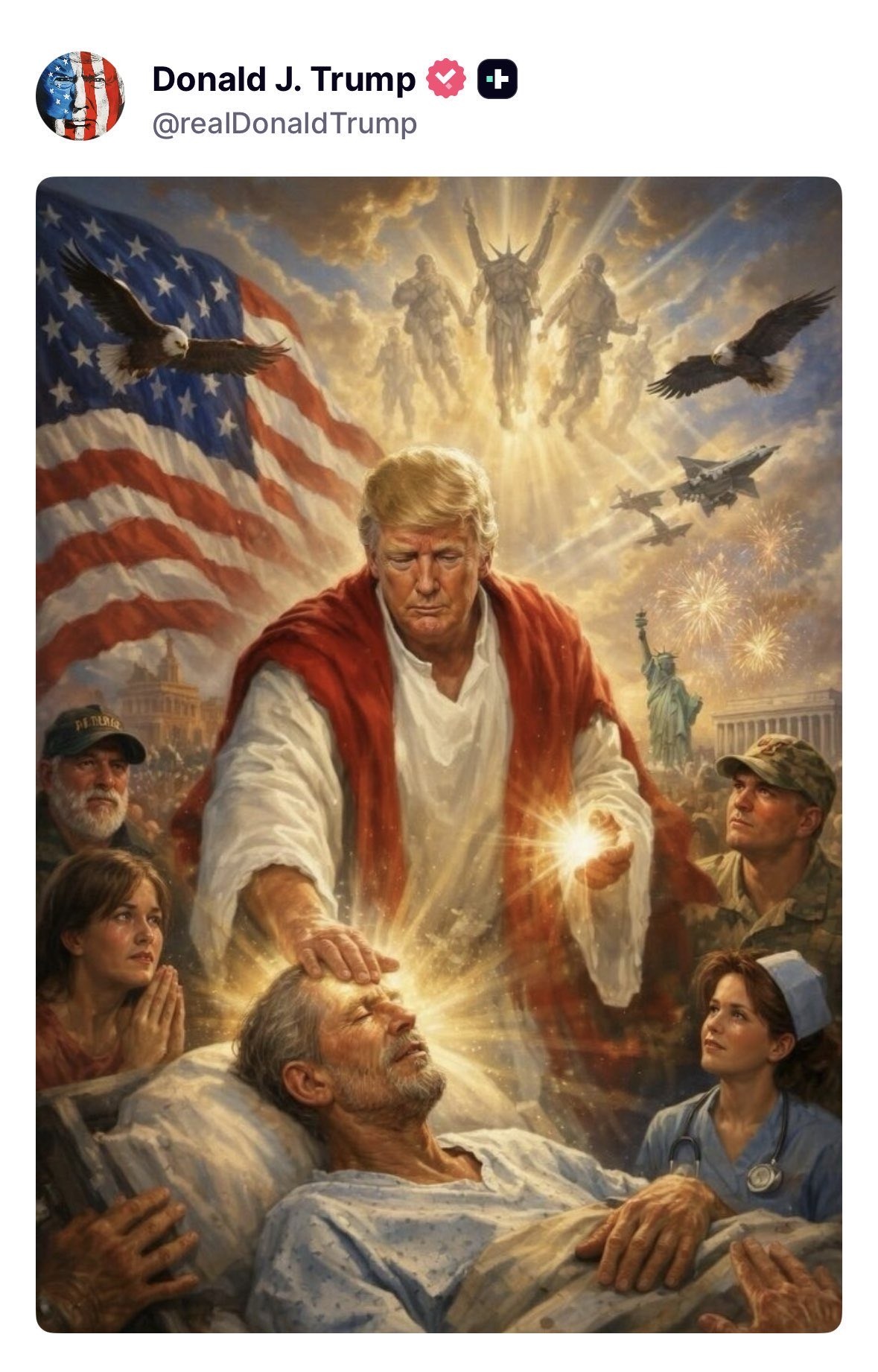 A Truth Social post with no text, containing an image of Trump in robes that suggest he is Jessus, laying his right hand, which is emitting light, onto the head of an ill man, while a glowing orb emanates from his left hand. Paople gather around looking at Trump in awe, while the US flag waves in the background, and the Statue of Liberty can be seen in the distance