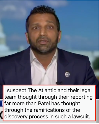 Kash Patel just announced he’s going to sue The Atlantic magazine for defamation and the internet already has its popcorn ready
