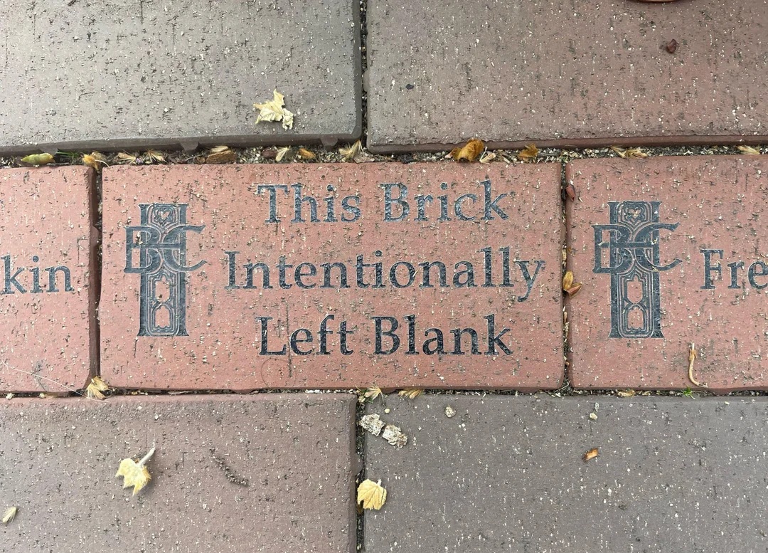 An ornate brick in a wall, featuring the words 'This brick intentionally left blank'