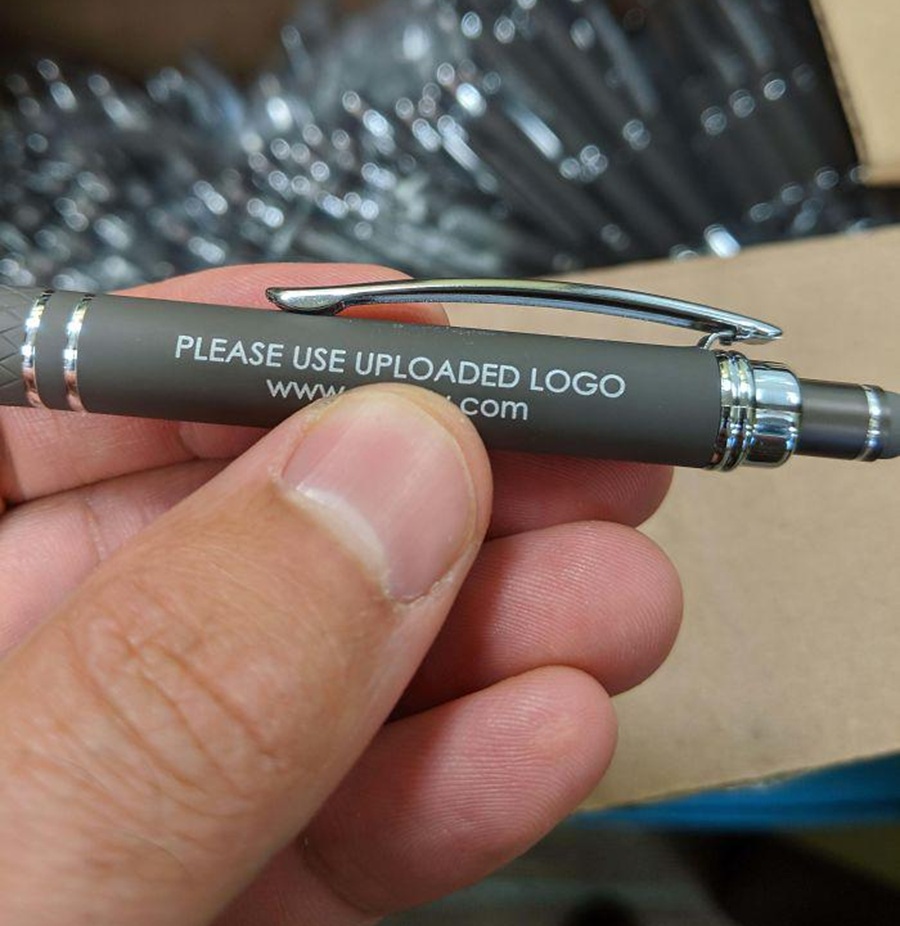A pen emblazoned with 'Use uploaded logo'