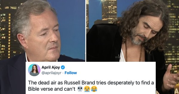 Religious scholar Russell Brand can't find the Bible passages that he read in court, and Piers Morgan just leaves him hanging for an excruciating minute of dead air