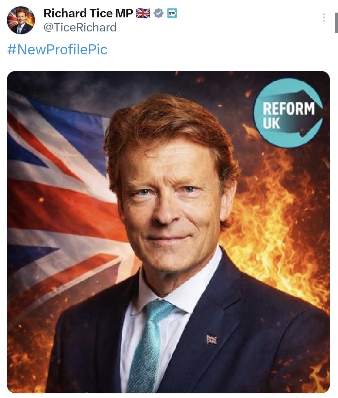 An image of Richard Tice with a Union Jack behind him, which appears to be on fire. The Reform logo is badly recreated by AI.