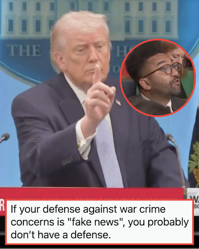 A reporter challenged Donald Trump over his potential ‘war crimes’ and his response was page one of his presidential colouring, sorry, playbook