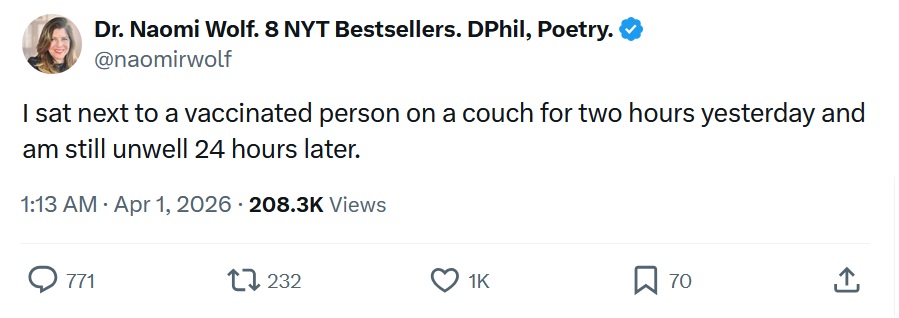 @naomirwolf I sat next to a vaccinated person on a couch for two hours yesterday and am still unwell 24 hours later.