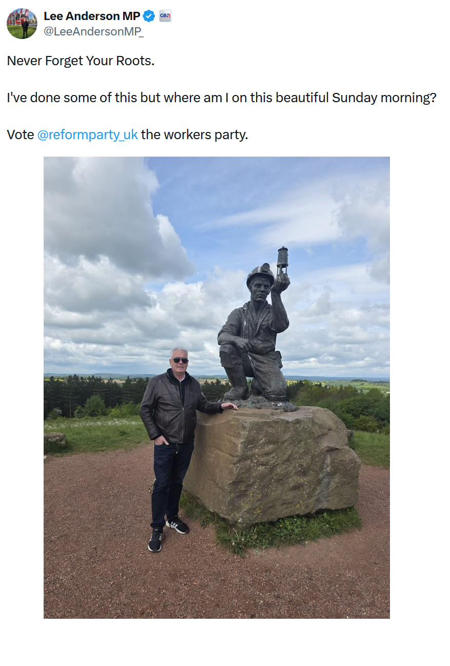 Never Forget Your Roots.
I've done some of this but where am I on this beautiful Sunday morning?
Vote @reformparty_uk
the workers party.
Image shows Anderson with his trouser zip open, standing next to a statue of a miner.