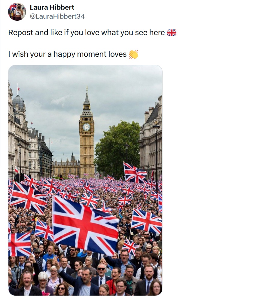 @LauraHibbert34
Repost and like if you love what you see here
I wish your a happy moment loves
With an image of Big Ben, with the Palace of Westminster and Downing Street at on either side, and a huge crowd of people with distorted faces and a lot of Union Flags.