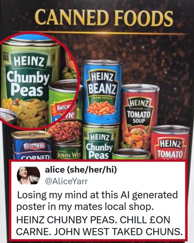 Someone spotted an AI generated poster for canned goods in their local shop and it’s hilariously bizarre – 17 facepalms