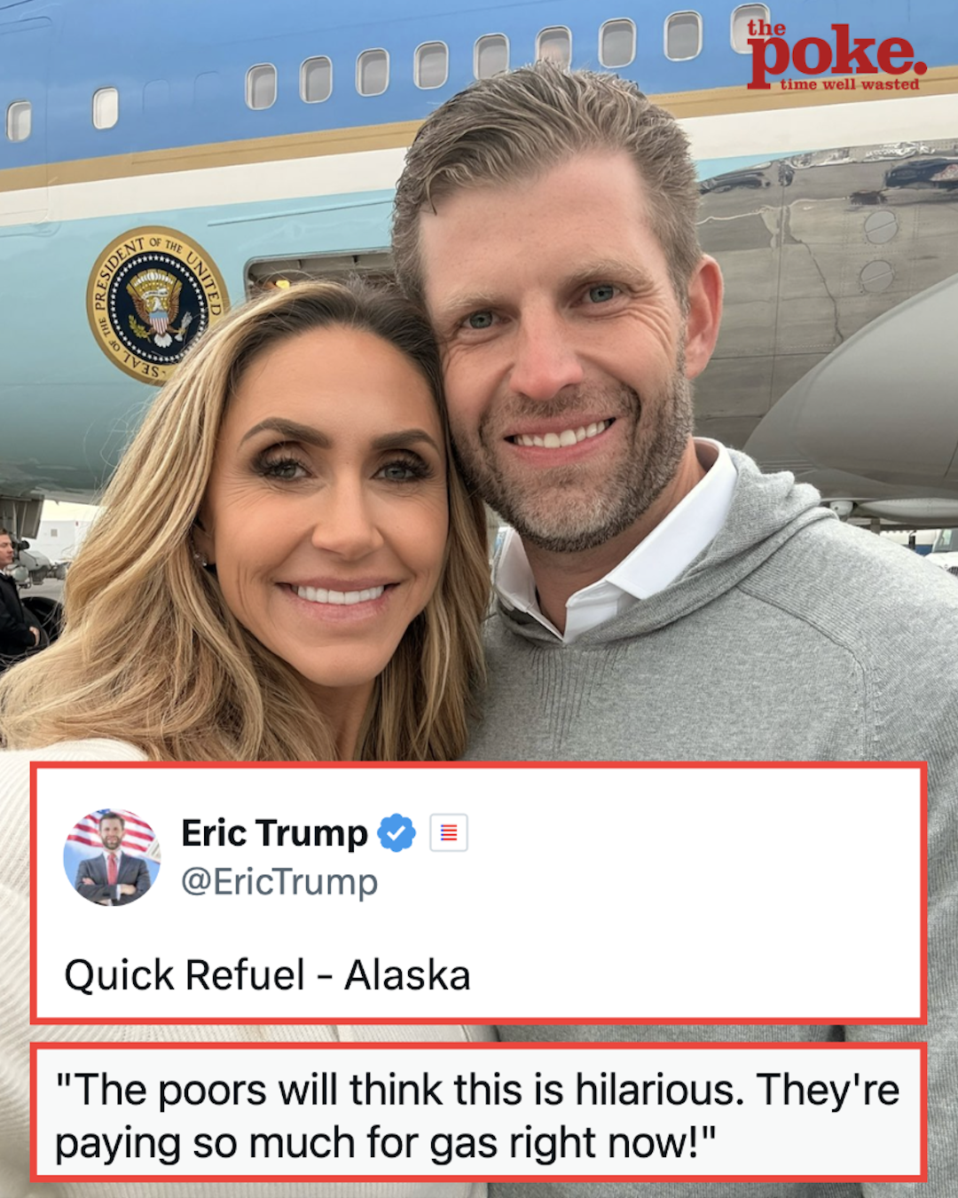 Eric Trump posted a ‘refuelling’ selfie from Air Force One in Alaska and he didn’t just fail to read the room, he was on the wrong continent