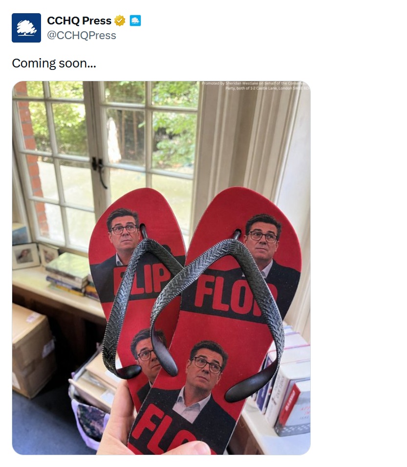 Red flip-flops with a bad AI image of Andy Burnham on each one. CCHQ has written 'coming soon'
