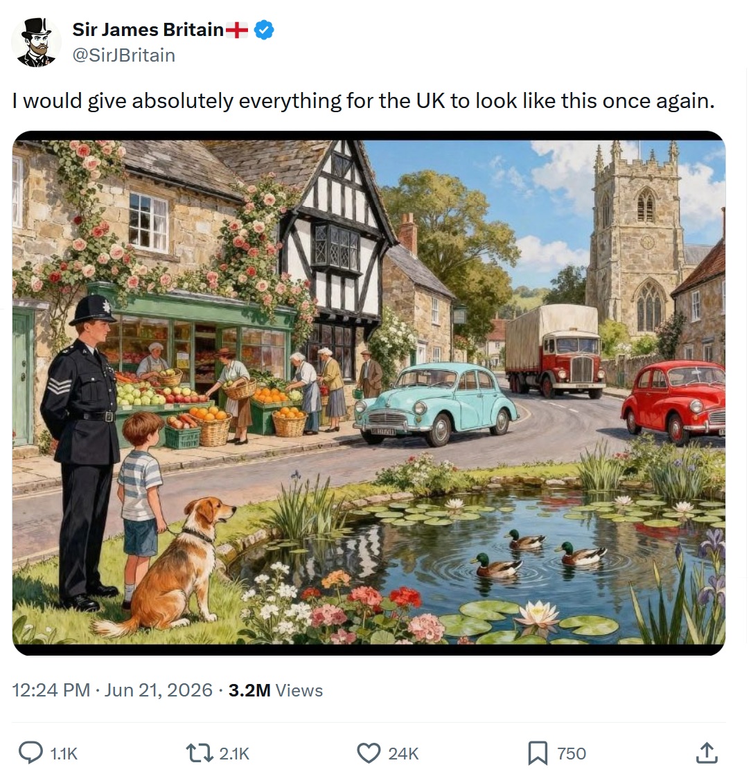 I would give absolutely everything for the UK to look like this once again.

Image - a street in a Cotswold-like village, showing only white inhabitants, some queuing to buy fruit at a greengrocers, while two old Morris Minors are parked up, and a helmeted police sergeant stands next to a duck pond next to a young boy, looking towards a stone church with a tower.