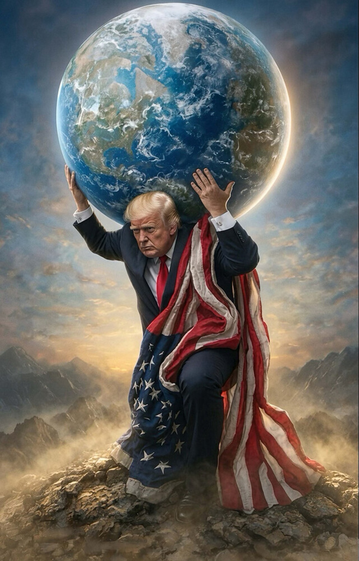 Trump looking slim, draped in an American flag, which is trailing in the rubble at his feet. He holds the globe on his shoulders, and looks resolutely ahead.
