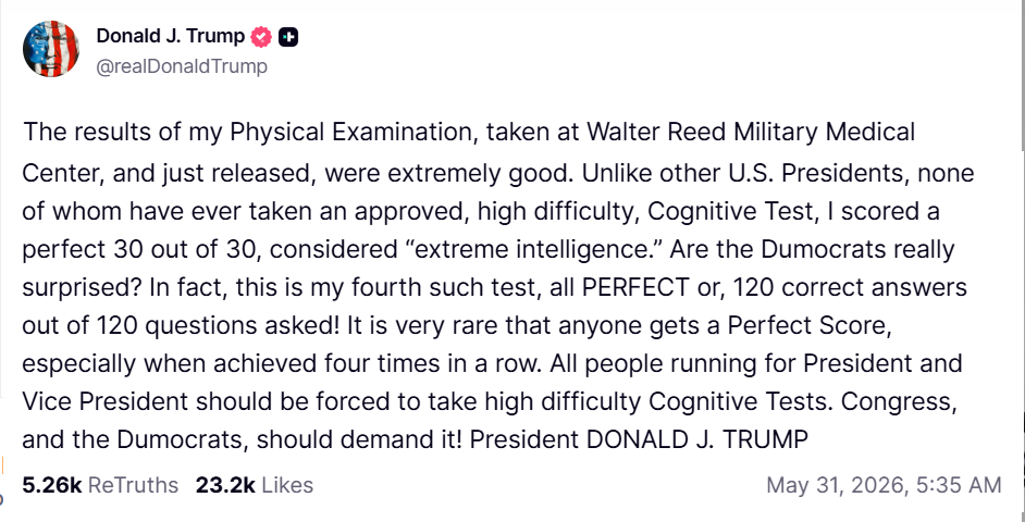 The results of my Physical Examination, taken at Walter Reed Military Medical Center, and just released, were extremely good. Unlike other U.S. Presidents, none of whom have ever taken an approved, high difficulty, Cognitive Test, I scored a perfect 30 out of 30, considered “extreme intelligence.” Are the Dumocrats really surprised? In fact, this is my fourth such test, all PERFECT or, 120 correct answers out of 120 questions asked! It is very rare that anyone gets a Perfect Score, especially when achieved four times in a row. All people running for President and Vice President should be forced to take high difficulty Cognitive Tests. Congress, and the Dumocrats, should demand it! President DONALD J. TRUMP