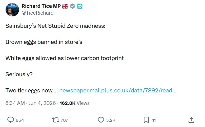 Sainsbury’s Net Stupid Zero madness:

Brown eggs banned in store’s 

White eggs allowed as lower carbon footprint 

Seriously?

Two tier eggs now…