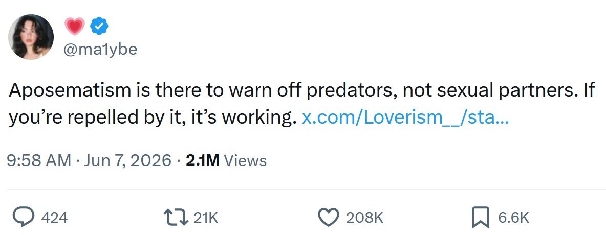 Aposematism is there to warn off predators, not sexual partners. If you’re repelled by it, it’s working