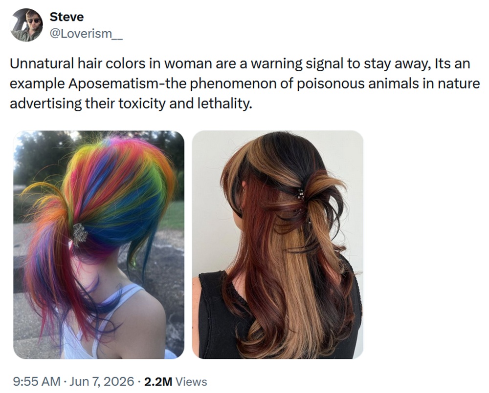 Unnatural hair colors in woman are a warning signal to stay away, Its an example Aposematism-the phenomenon of poisonous animals in nature advertising their toxicity and lethality.
With two images of streaked hair - one with bright colours and one more muted