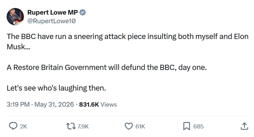 The BBC have run a sneering attack piece insulting both myself and Elon Musk...
A Restore Britain Government will defund the BBC, day one.
Let's see who's laughing then.