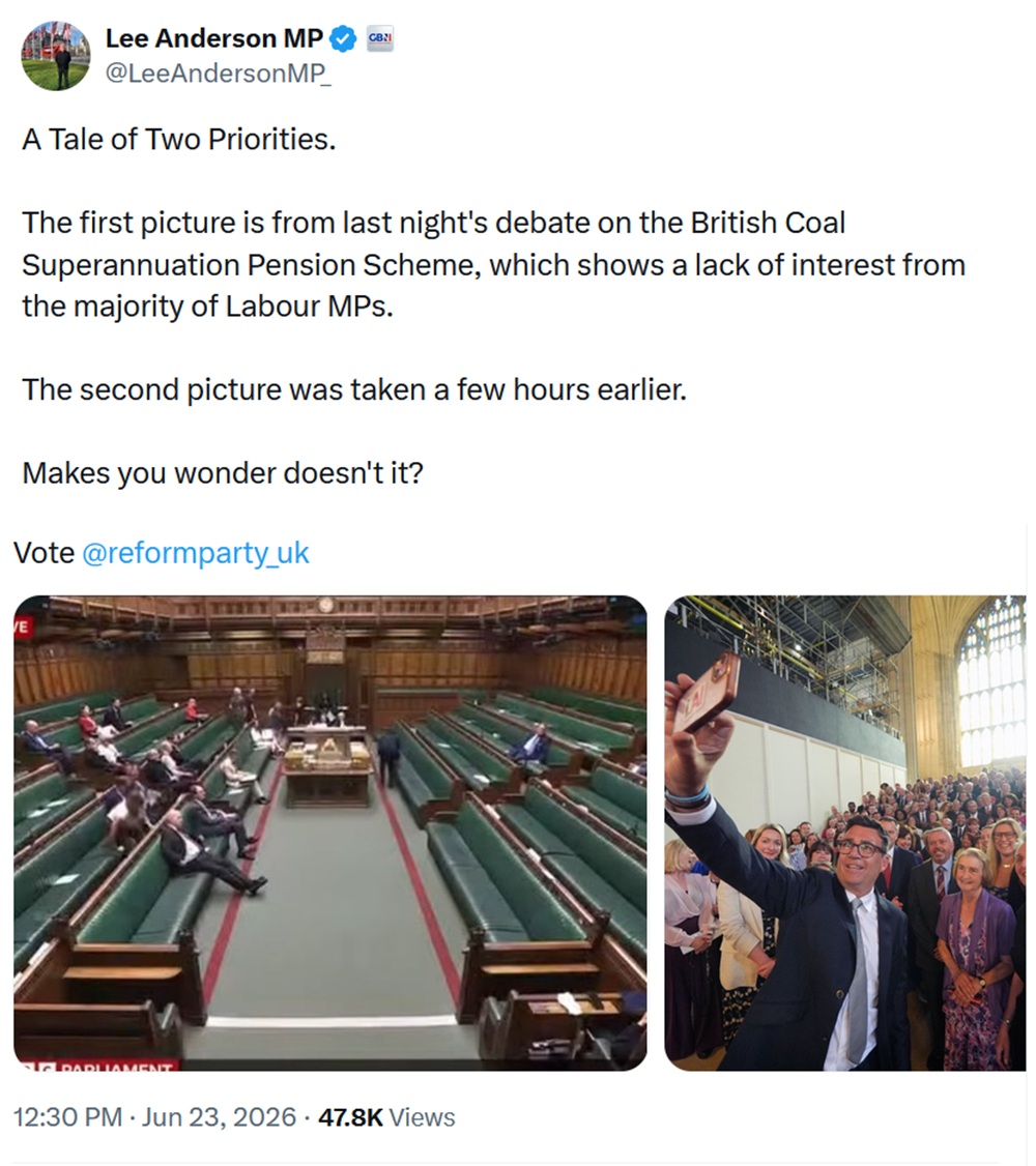 A Tale of Two Priorities.
The first picture is from last night's debate on the British Coal Superannuation Pension Scheme, which shows a lack of interest from the majority of Labour MPs.
The second picture was taken a few hours earlier.
Makes you wonder doesn't it?
Vote @reformparty_uk
