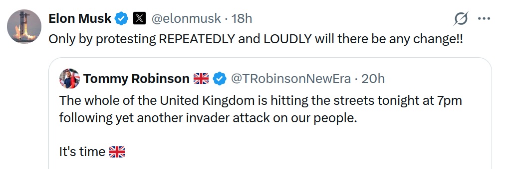 @elonmusk
·
18h
Only by protesting REPEATEDLY and LOUDLY will there be any change!!