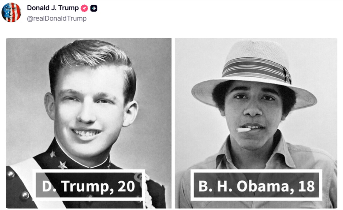 A photo of Trump in military uniform labelled D Trump, 20, alongside a photo of a young Barack Obama in a Panama hat, with a cannabis cigarette photoshopped onto his mouth. This is labelled BH Obama, 18. There is no additional comment in the post.