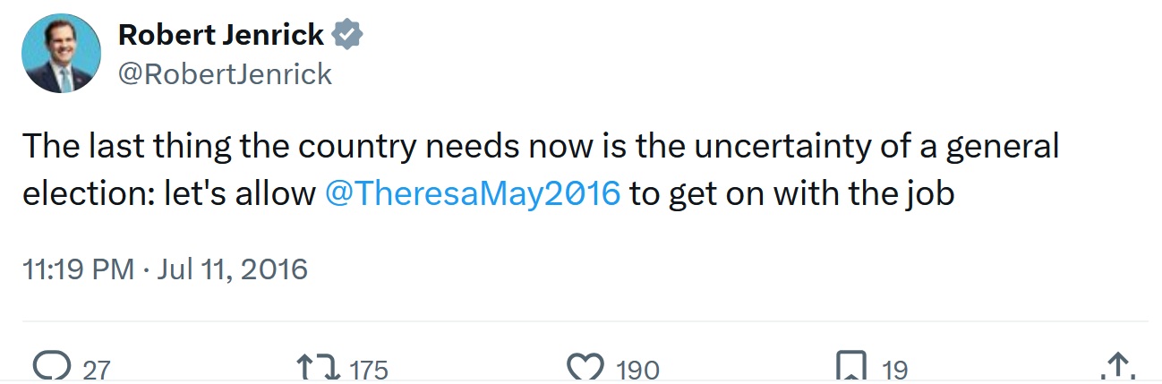 The last thing the country needs now is the uncertainty of a general election: let's allow @TheresaMay2016
 to get on with the job