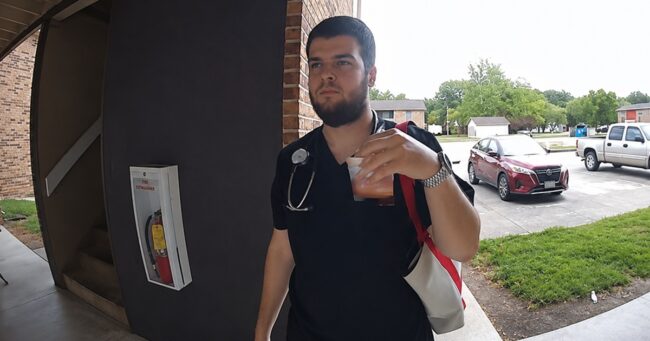 The doorbell camera footage of a tired nurse’s funny attempt at opening the door had people sharing their own exhaustion-fails