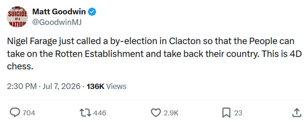 Nigel Farage just called a by-election in Clacton so that the People can take on the Rotten Establishment and take back their country. This is 4D chess.