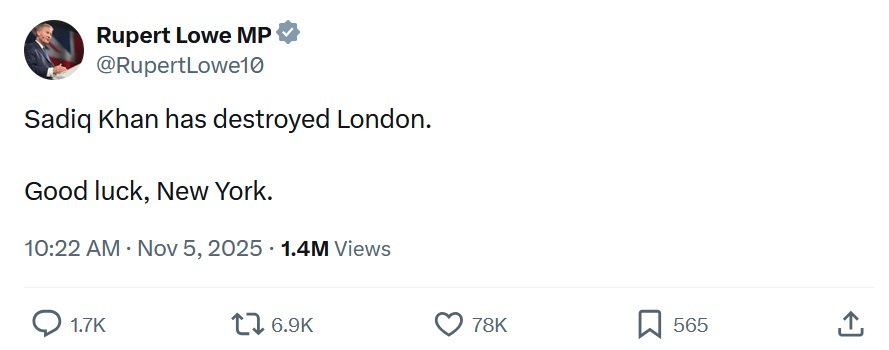 Sadiq Khan has destroyed London.

Good luck, New York.