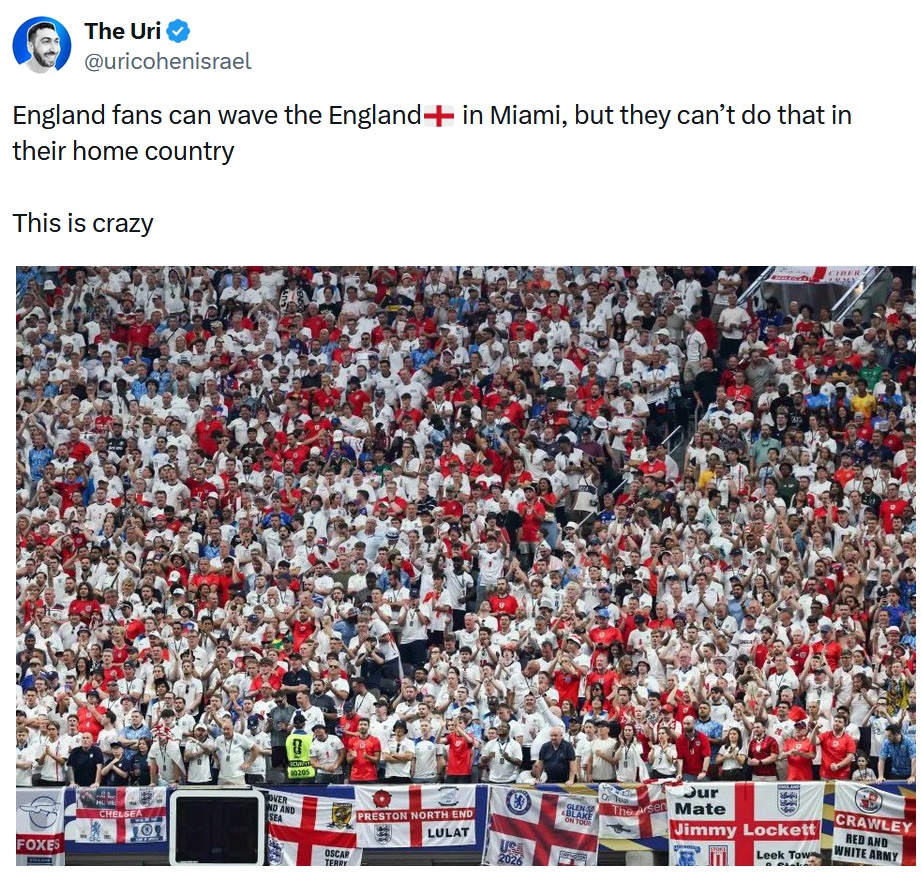 England fans can wave the England🏴 in Miami, but they can’t do that in their home country
This is crazy
With an image of England fans in the World Cup stadium with loads of England flags