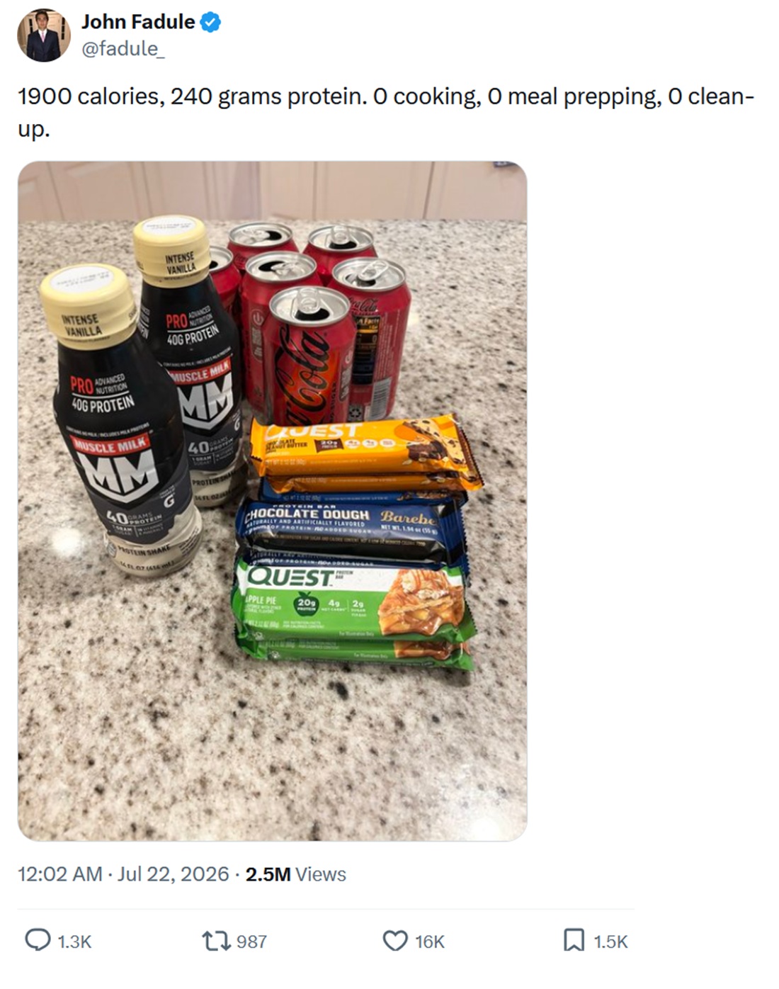 Image of two protein shakes, five cans of Coke Zero, and a pile of protein bars. Text -1900 calories, 240 grams protein. 0 cooking, 0 meal prepping, 0 clean-up.