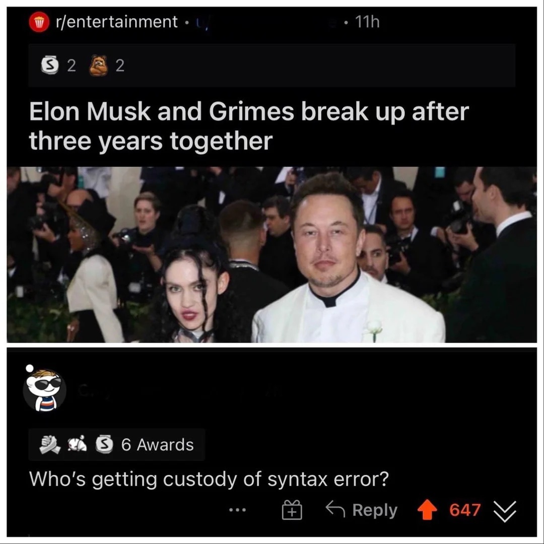 Headline - Elon Musk and Grimes break up after three years together
Reply -
Who's getting custody of syntax error?