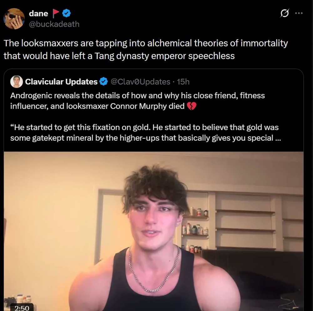 Comment on a post about an influencer who became obsessed with the idea that gold would give him special powers. The looksmaxxers are tapping into alchemical theories of immortality that would have left a Tang dynasty emperor speechless