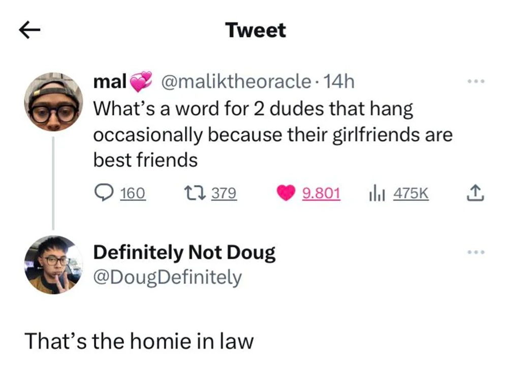 @maliktheoracle. What's a word for 2 dudes that hang
occasionally because their girlfriends are
best friends
Reply
@DougDefinitely
That's the homie in law